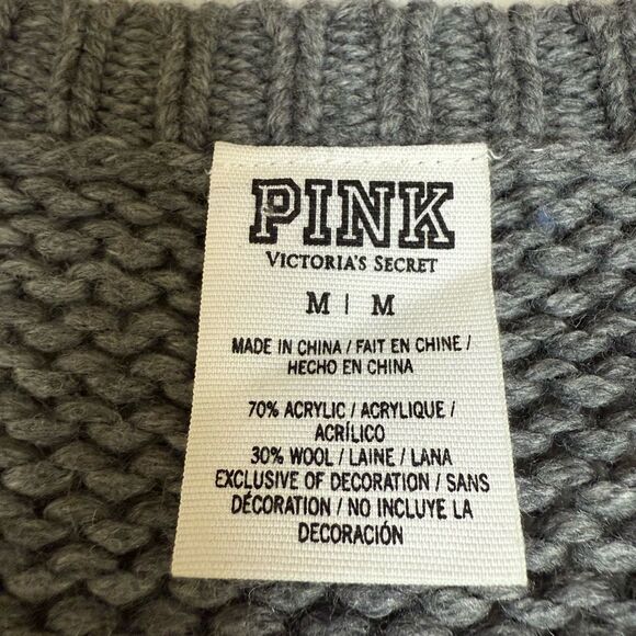 PINK for Victoria’s Secret Gray Wool Knit Sweater Large P Logo Collegiate Sz M - Picture 4 of 7